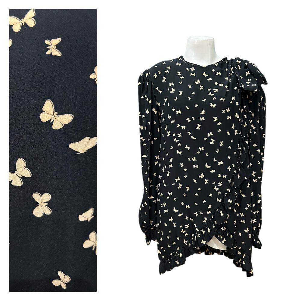 Vintage Valentino Silk Butterfly Print Long Blouse Asymmetrical Mini Size 14 -